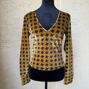 Vtg 90’s Voyage Passion Velvet Houndstooth Top Sz S V-neck Multicolor Silk Blend